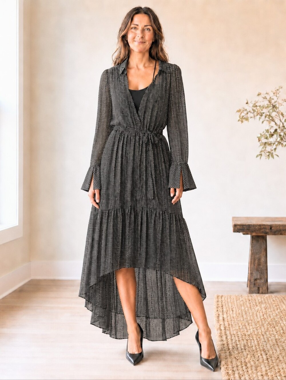 NWT Calvin Klein Chiffon High Low Shirtdress Black Geometric Size 6